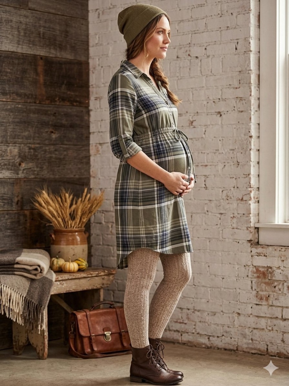 NWT Derek Heart Olive Plaid MATERNITY Midi Drawstring Shirt Dress size S